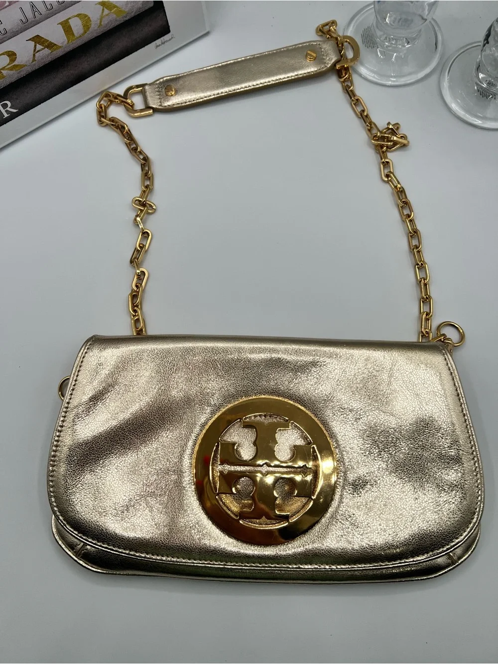 Tory Burch Gold Metallic Leather Clutch & Crossbody Bag